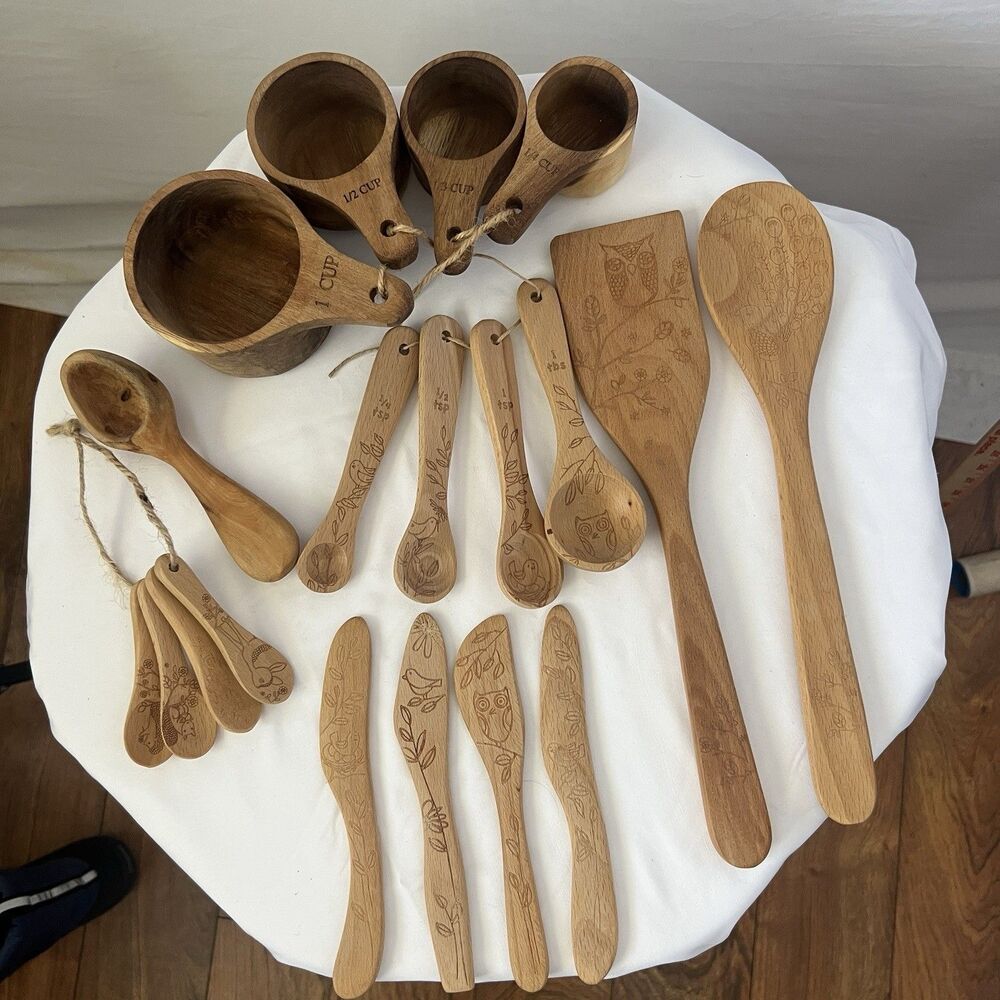 Talisman Designs Engraved Beechwood Kitchen Utensil Lot Spoons Cups Spreaders